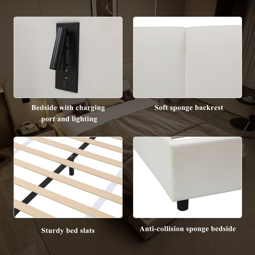 Beige upholstered divan double bed with side lamps and charging port 135x190cm UNITOS