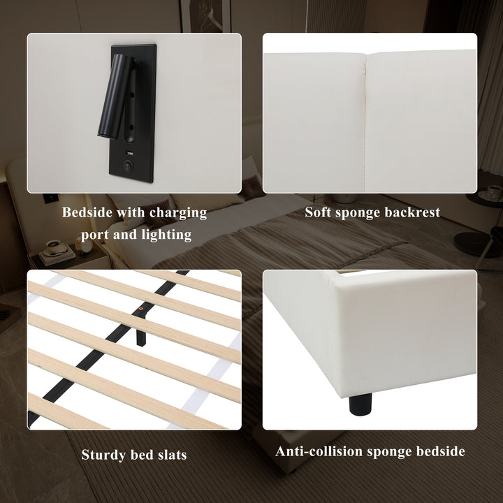 Beige upholstered divan double bed with side lamps and charging port 135x190cm UNITOS