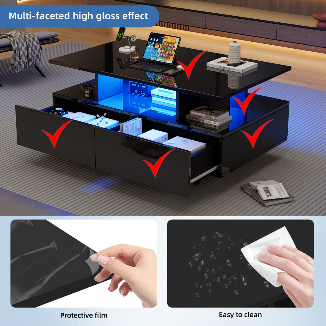 Black high-gloss coffee table 2 drawers with LED lighting ATOMSWALE