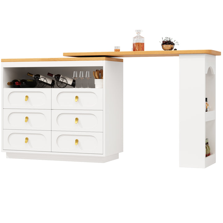 White 360° rotating extendable bar table with 6-drawer storage SYCAMOREBALL