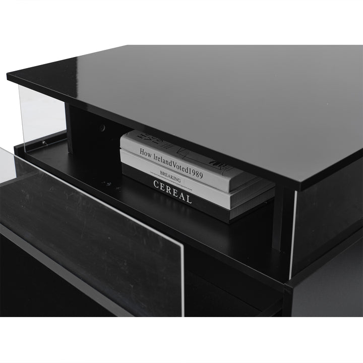 Modern LED light high gloss black square coffee table with 2 drawers THERAPY