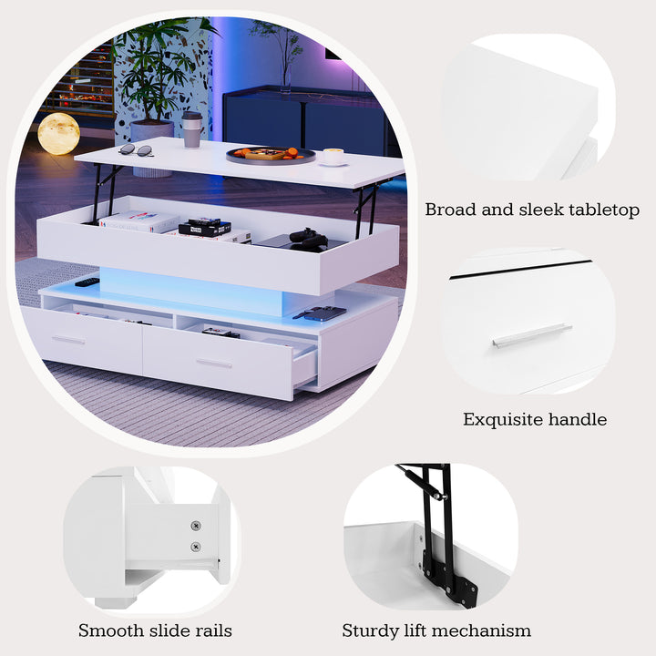 White lift-top coffee table with LED lighting and 2 drawers 100×50×44cm CYBERSPACE