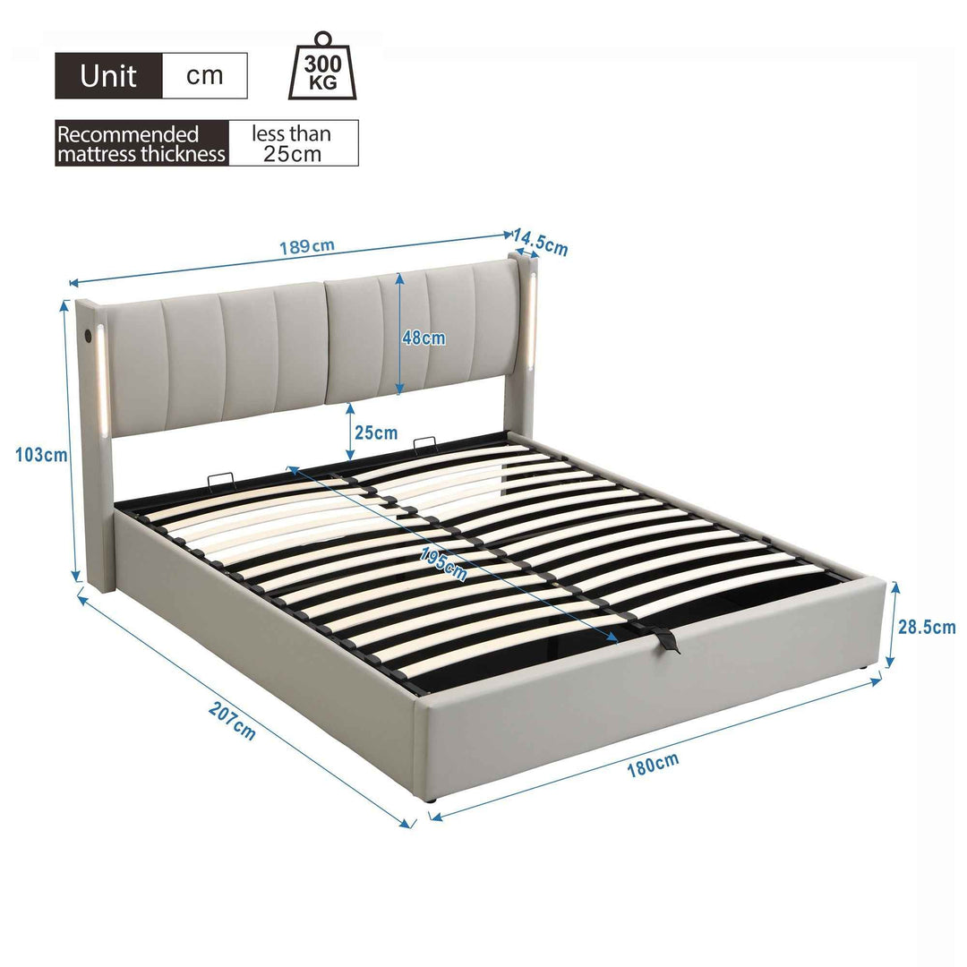 Super king size ottoman bed PU light grey with LED, USB ports, adjustable headboard 180x200cm INFINITEKAELIS