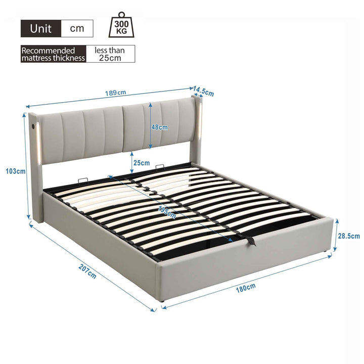 Super king size ottoman bed PU light grey with LED, USB ports, adjustable headboard 180x200cm INFINITEKAELIS