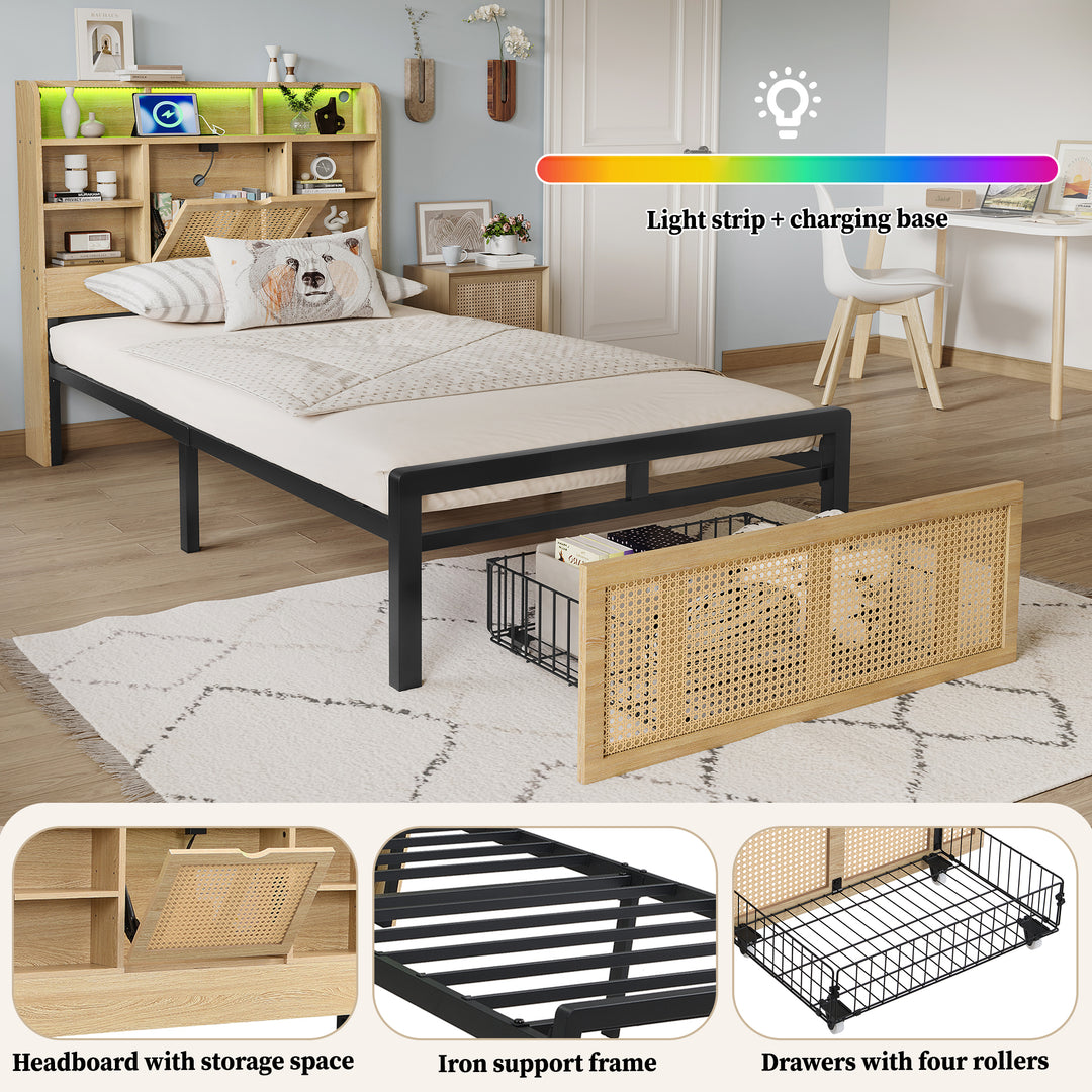 Wooden single bed with headboard storage, rattan drawer and LED lighting (90×190cm) GALLAPHID