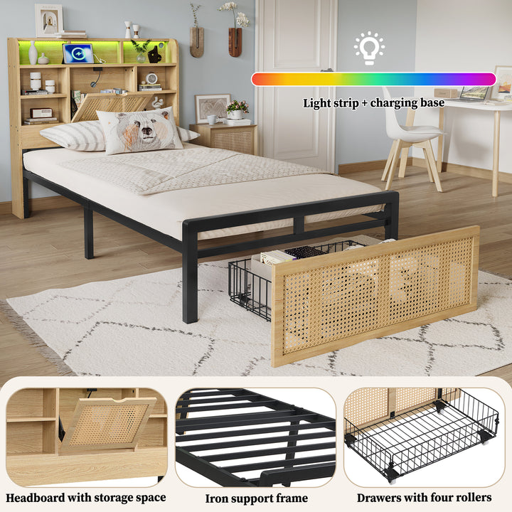 Wooden single bed with headboard storage, rattan drawer and LED lighting (90×190cm) GALLAPHID