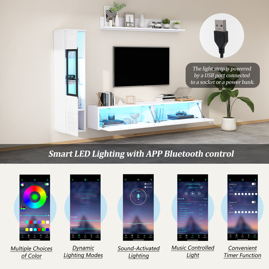Modern white high-gloss 3-piece TV unit set with LED lighting and display cabinet CLOUDVALE