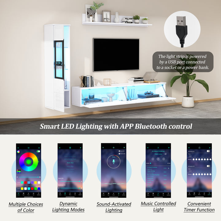 Modern white high-gloss 3-piece TV unit set with LED lighting and display cabinet CLOUDVALE