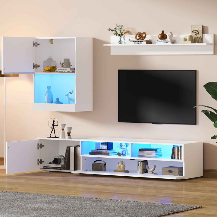 3 piece TV stand and wall unit set white high gloss with LED lighting
