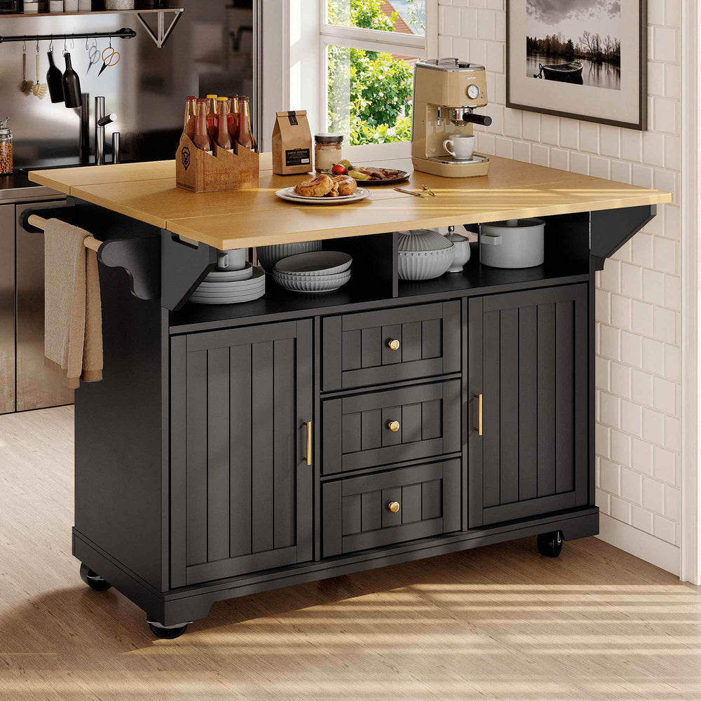 Extendable kitchen island trolley dining bar table wooden and black storage INFINITEMOME