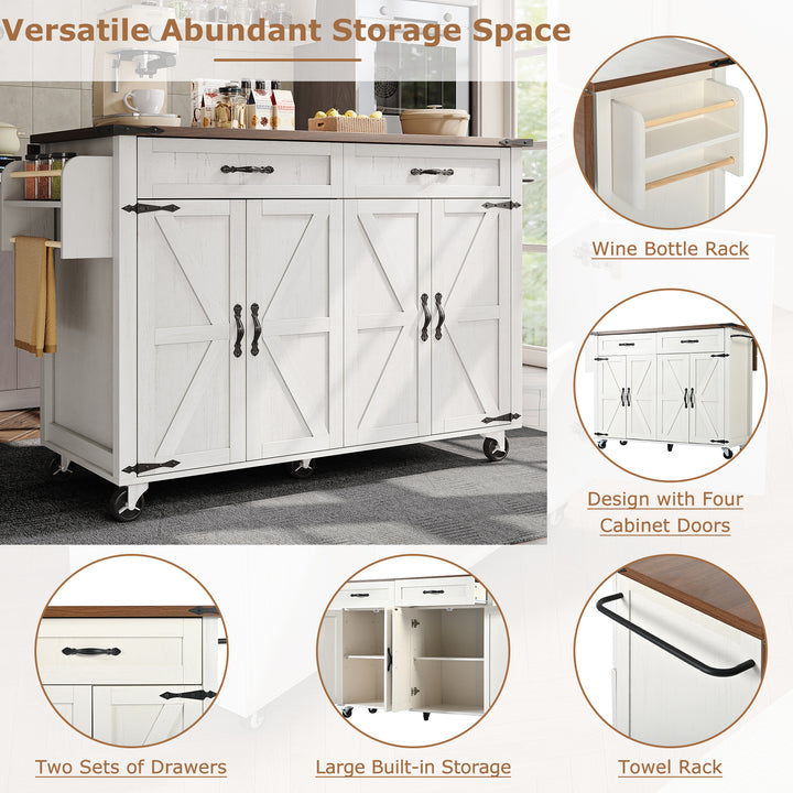 White farmhouse style rolling kitchen island with fold-out top and racks SALTMARSH