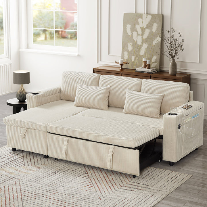 Beige corduroy 3-seater sofa bed trundle bed with storage and USB ports SPELEOTHEM UK