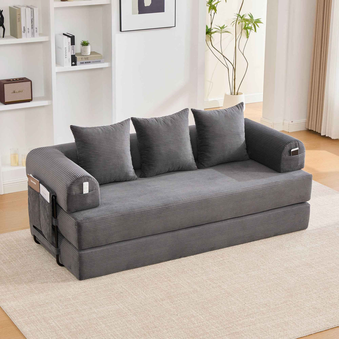 2-seater modular convertible sofa bed, corduroy dark grey with metal frame 200cm QUADWALL