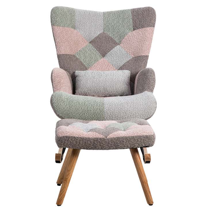 Patchwork rocking chair with footstool, bouclé fabric accent chair with wooden legs and cushion RECTRIX