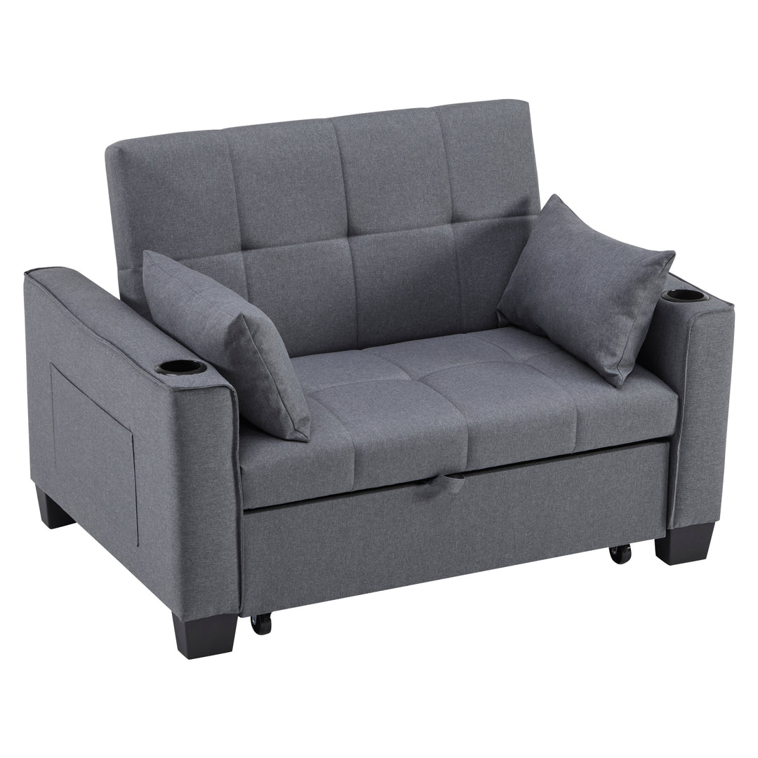 Gray fabric convertible 2-seater sofa bed pull-out design, adjustable backrest, and storage FROSTSTONE