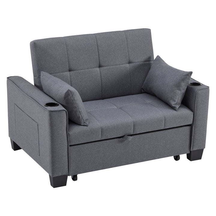 Gray fabric convertible 2-seater sofa bed pull-out design, adjustable backrest, and storage FROSTSTONE