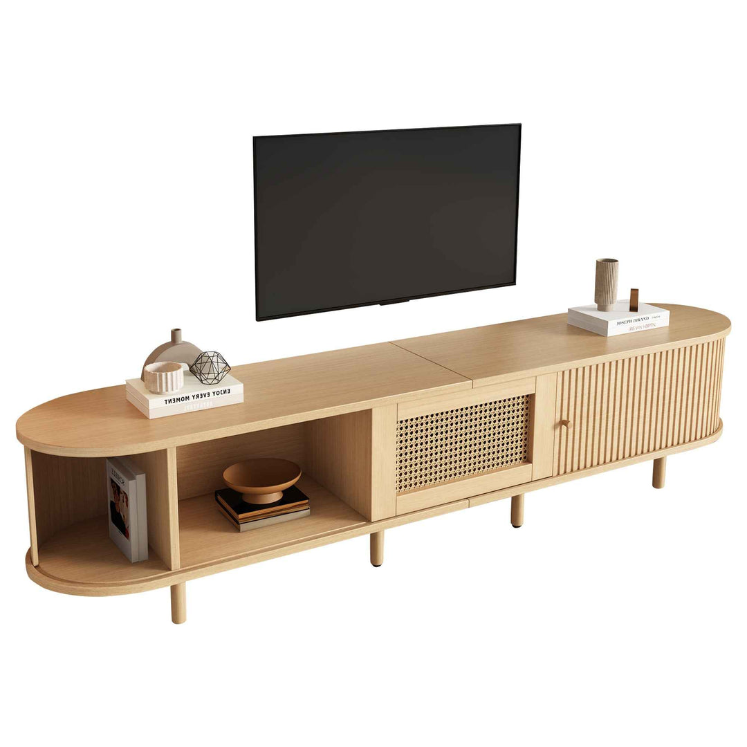 TV stand light wood 1 rattan drawer & 2 sliding doors, rounded corners 180cm