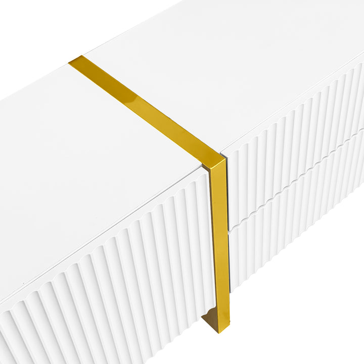 White fluted TV cabinet 3 doors, 2 drawers 190cm gloden accent CONNECTIV