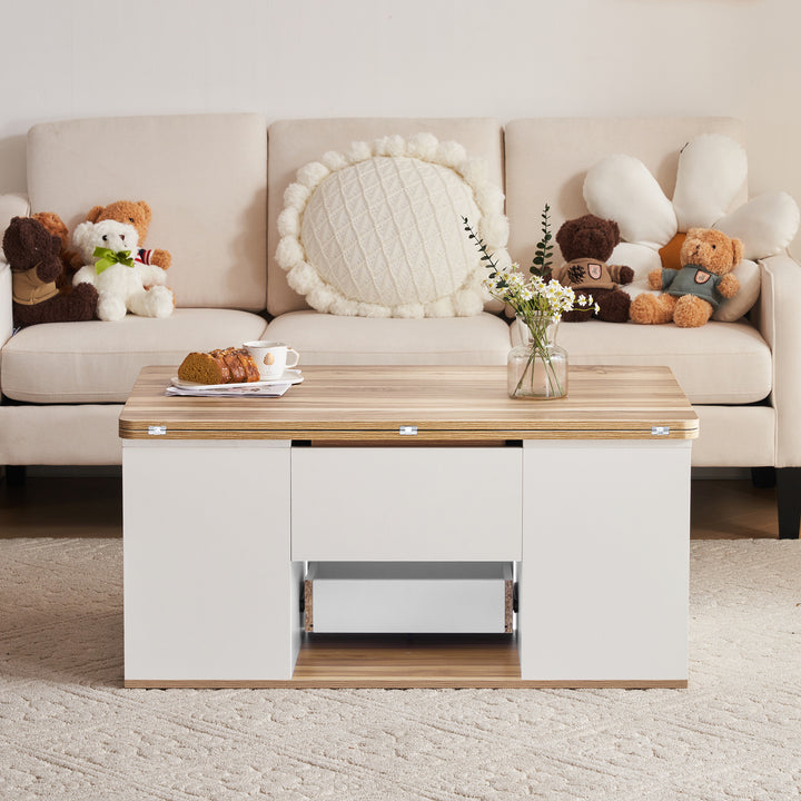 Modern white & oak lift-top coffee table hidden storage CLOUDWING