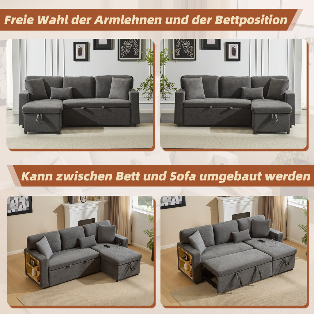 Grey L-shaped corner sofa bed, side shelf with integrated USB and storage VOLATILGAS