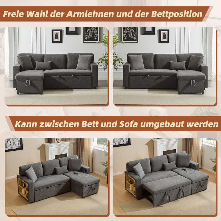 Grey L-shaped corner sofa bed, side shelf with integrated USB and storage VOLATILGAS