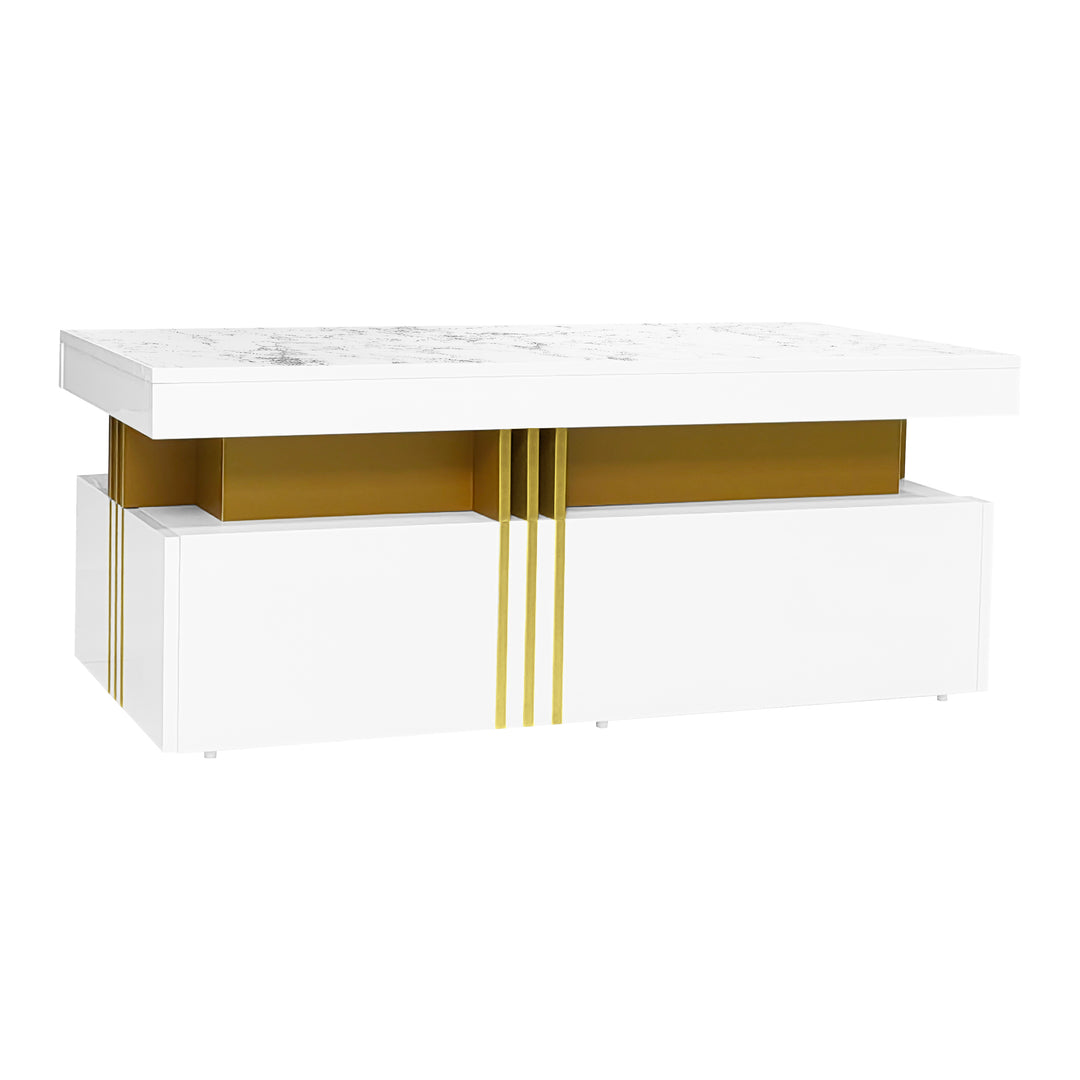 White marble look coffee table with gold accents and 2 drawers CREPUSCRAY