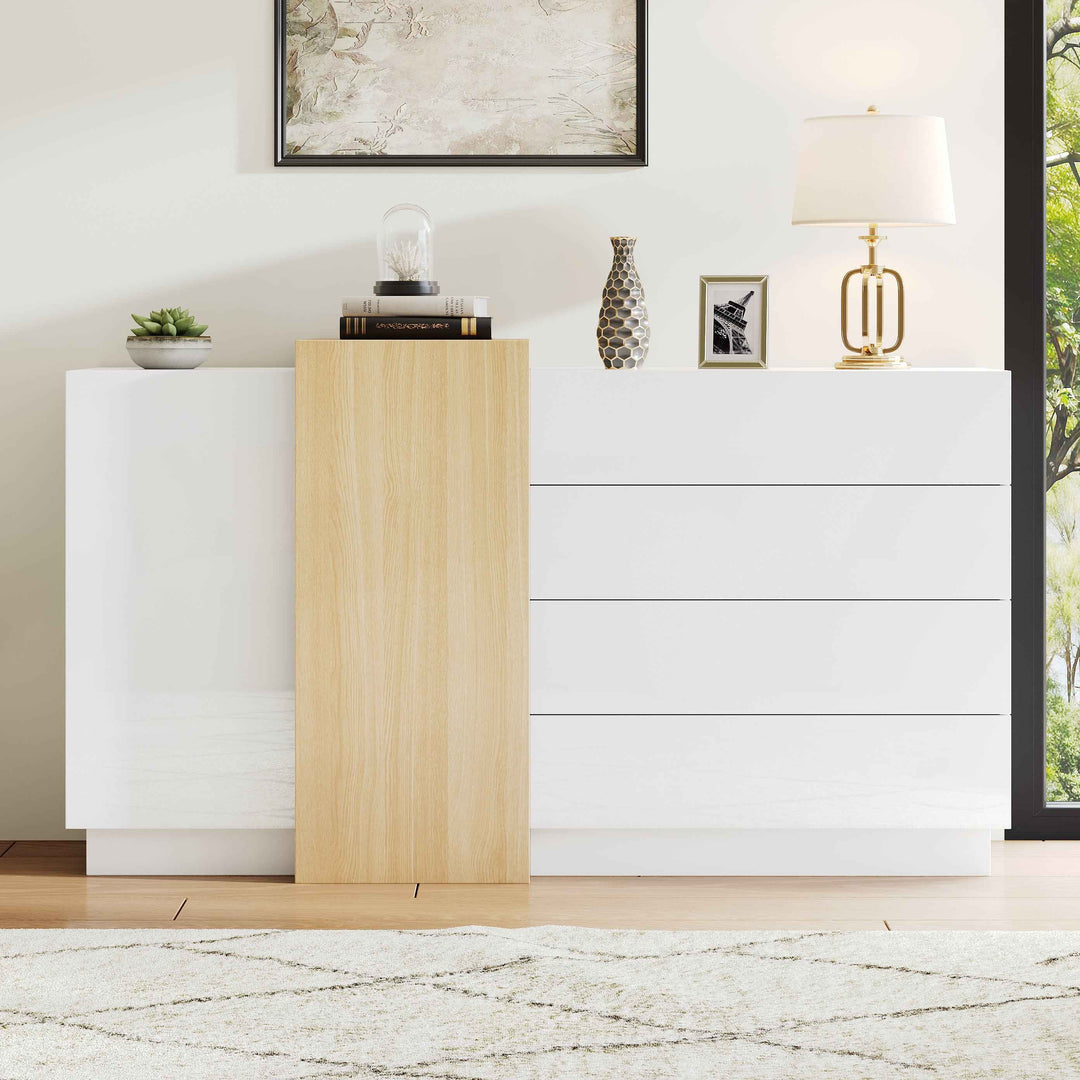 White High-Gloss Sideboard 140x35x76.5cm, 4 Drawers 2 Doors, Modern Storage Cabinet, Wood Trim, for Living Room, Dining, Bedroom