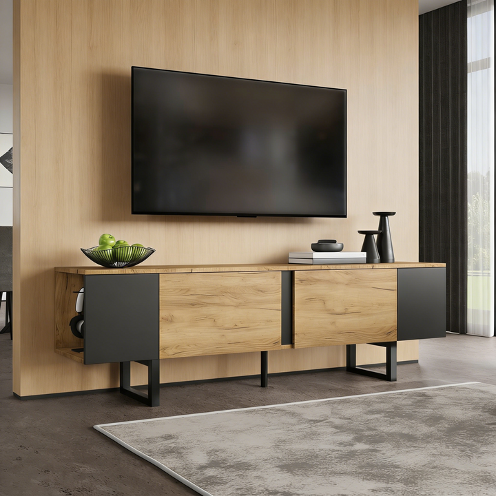 Natural wood & black TV stand up to 2 doors & 2 side cabinets INFINITEMERI