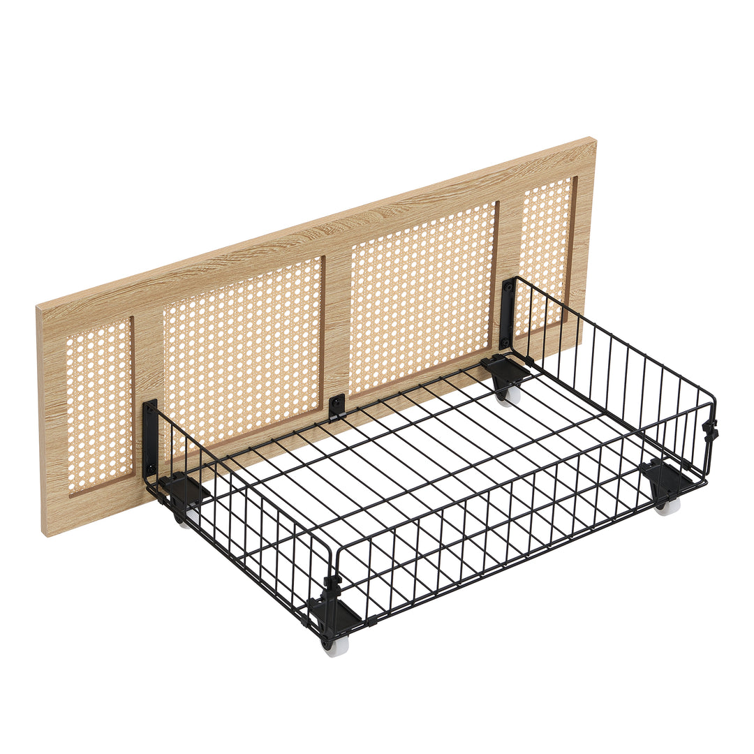 Wooden single bed with headboard storage, rattan drawer and LED lighting (90×190cm) GALLAPHID