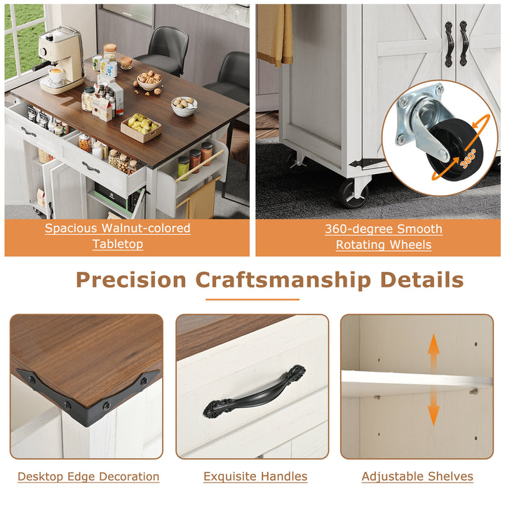 White farmhouse style rolling kitchen island with fold-out top and racks SALTMARSH