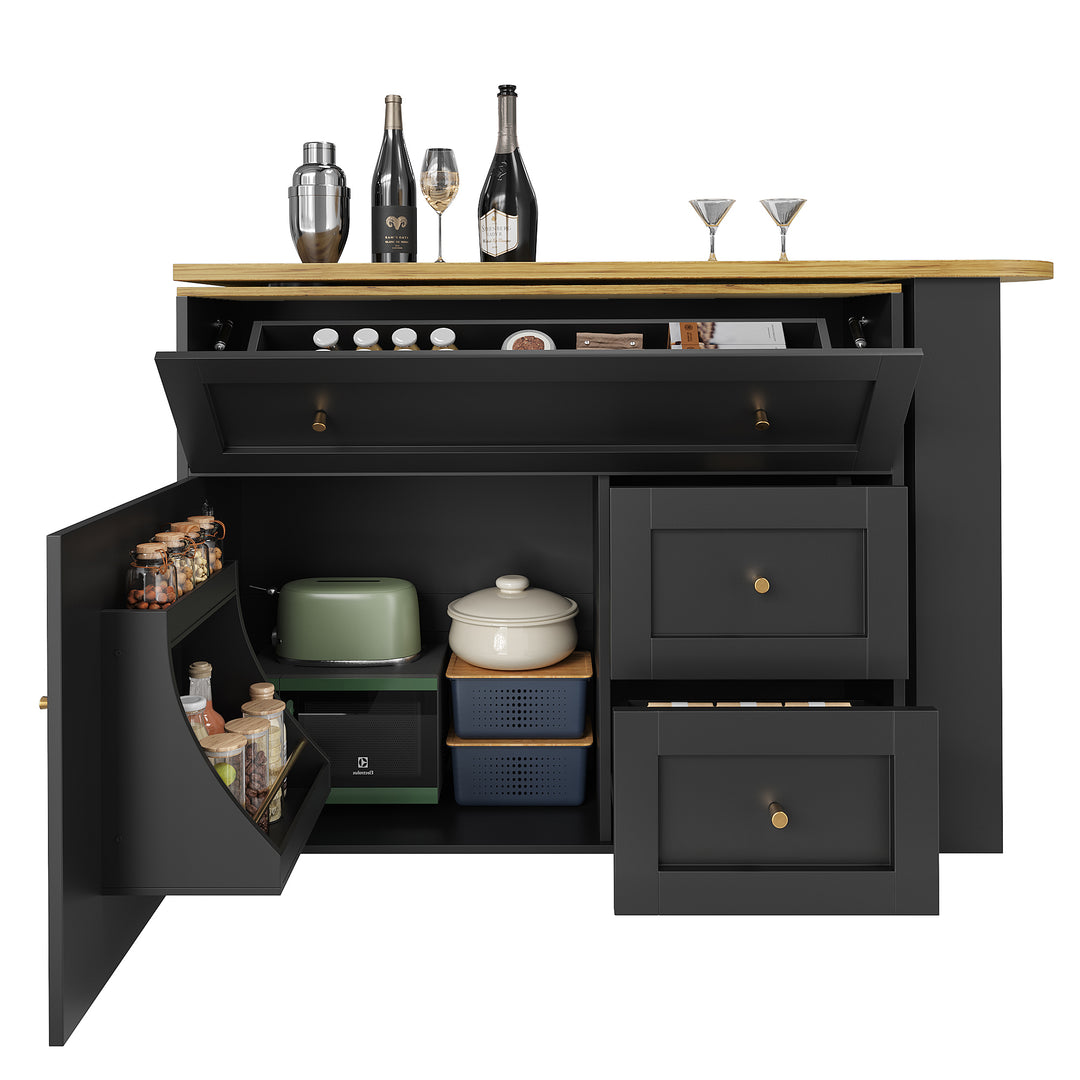 Extendable bar table black with storage kitchen cabinet with snack shelf (138-204×39×105cm) MANGROVEPROP