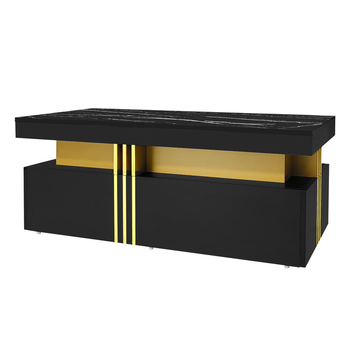 Modern black coffee table with marble-pattern top golden accents LEDGER