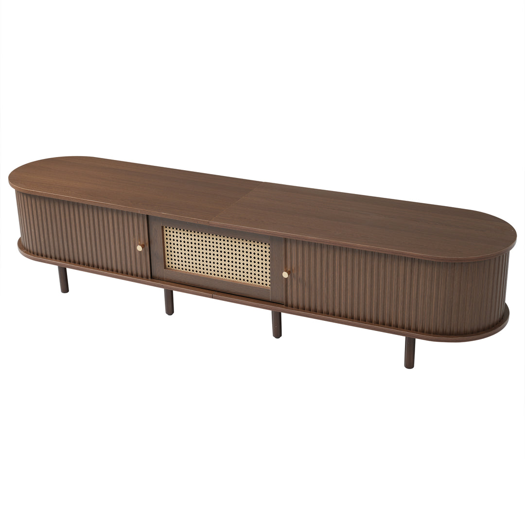 Retro walnut TV stand oval rounded corners 2 slide doors 180×40×40cm SOREN