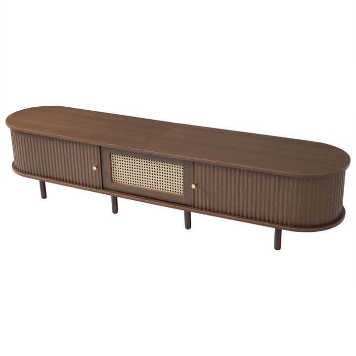 Retro walnut TV stand oval rounded corners 2 slide doors 180×40×40cm SOREN