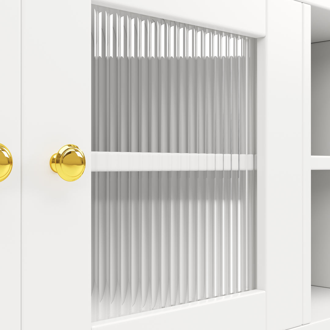 Modern white kitchen cabinet cupboard fluted glass doors, wine rack, and gold accents FROSTGLEN