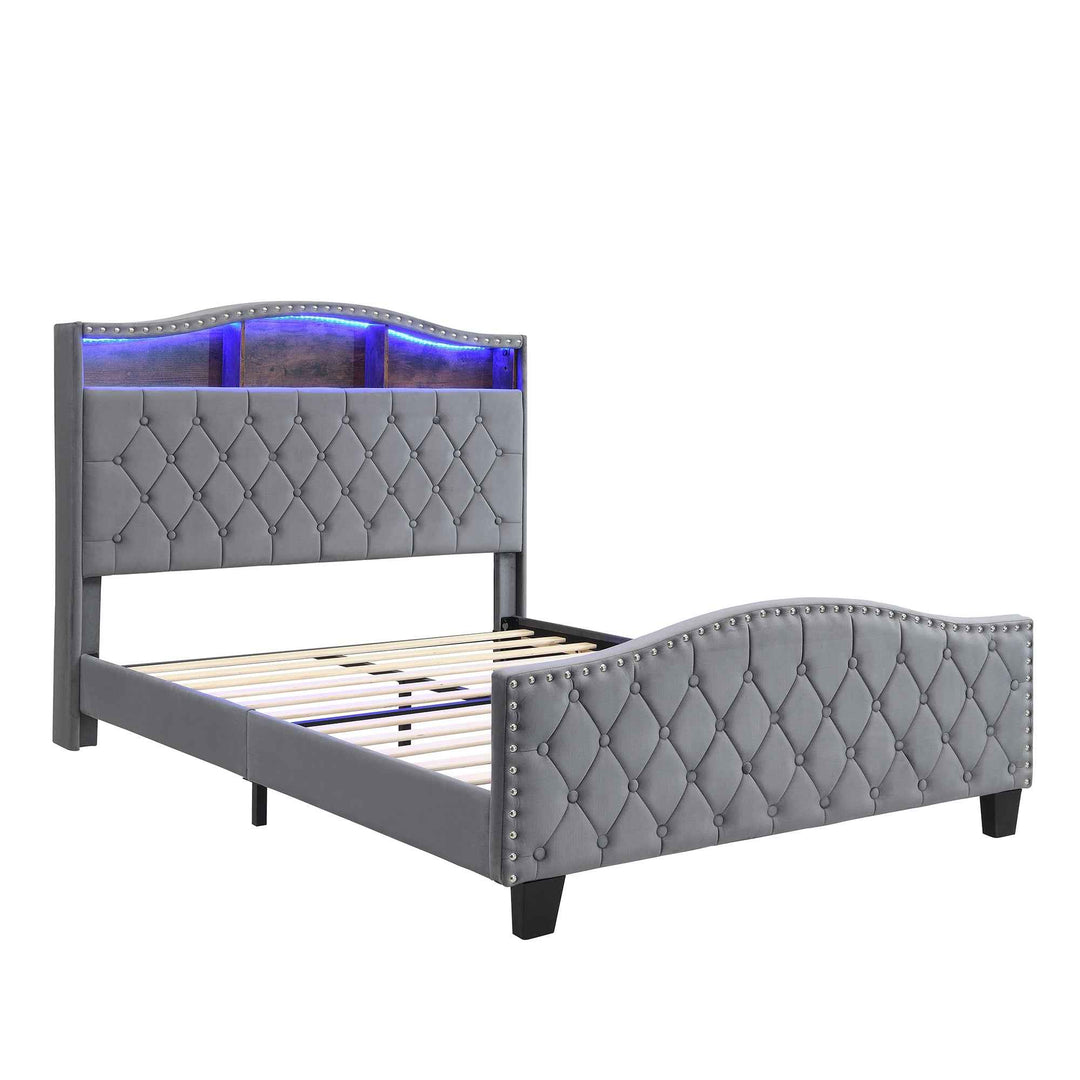 00+Double Upholstered Bed 135x190cm Velvet Grey with Storage, LED Lights, Soft Backrest CONCRETECONSOLE