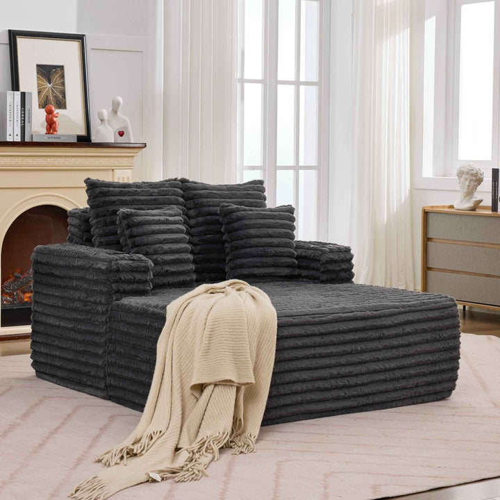 00+缺图 Chaise Lounge Sofa Bed, Dawn Grey Plush Faux Fur Foam Convertible Sleeper with 2 Pillows TRUNKWORK