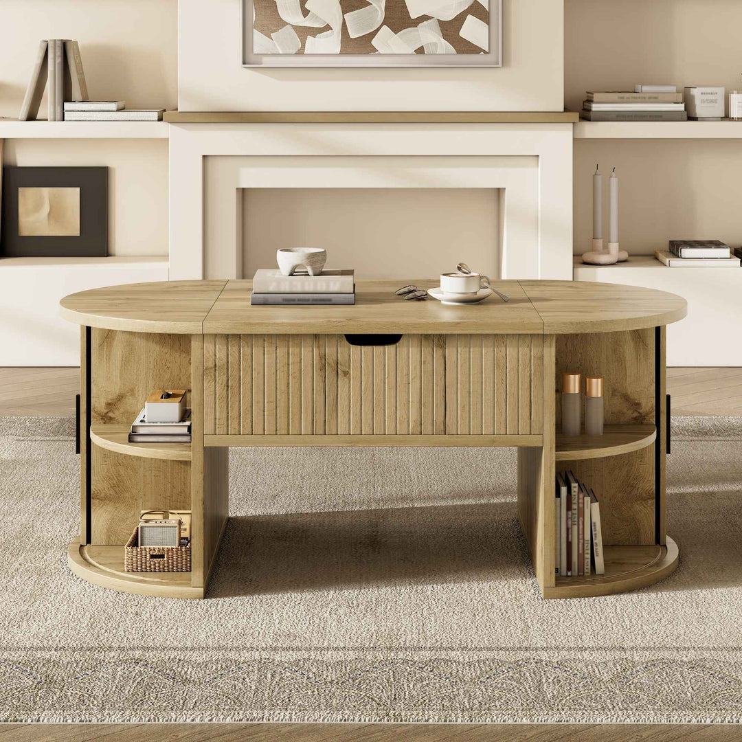 00+缺图 Retro Height-Adjustable Coffee Table, Wood 100 x 50 cm, Sliding Doors & Storage Shelves TRUNKBROWN