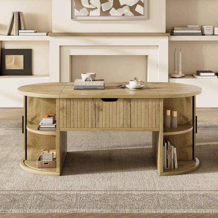 00+缺图 Retro Height-Adjustable Coffee Table, Wood 100 x 50 cm, Sliding Doors & Storage Shelves TRUNKBROWN