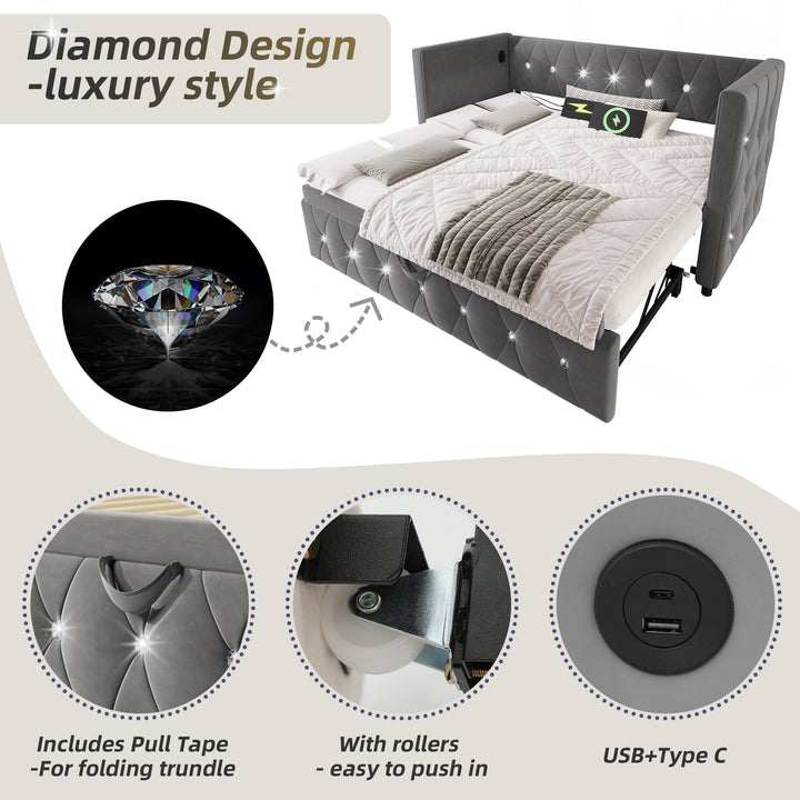 Grey velvet single upholstered guest day bed diamond design with trundle, USB charging STEKZEL GREY UK