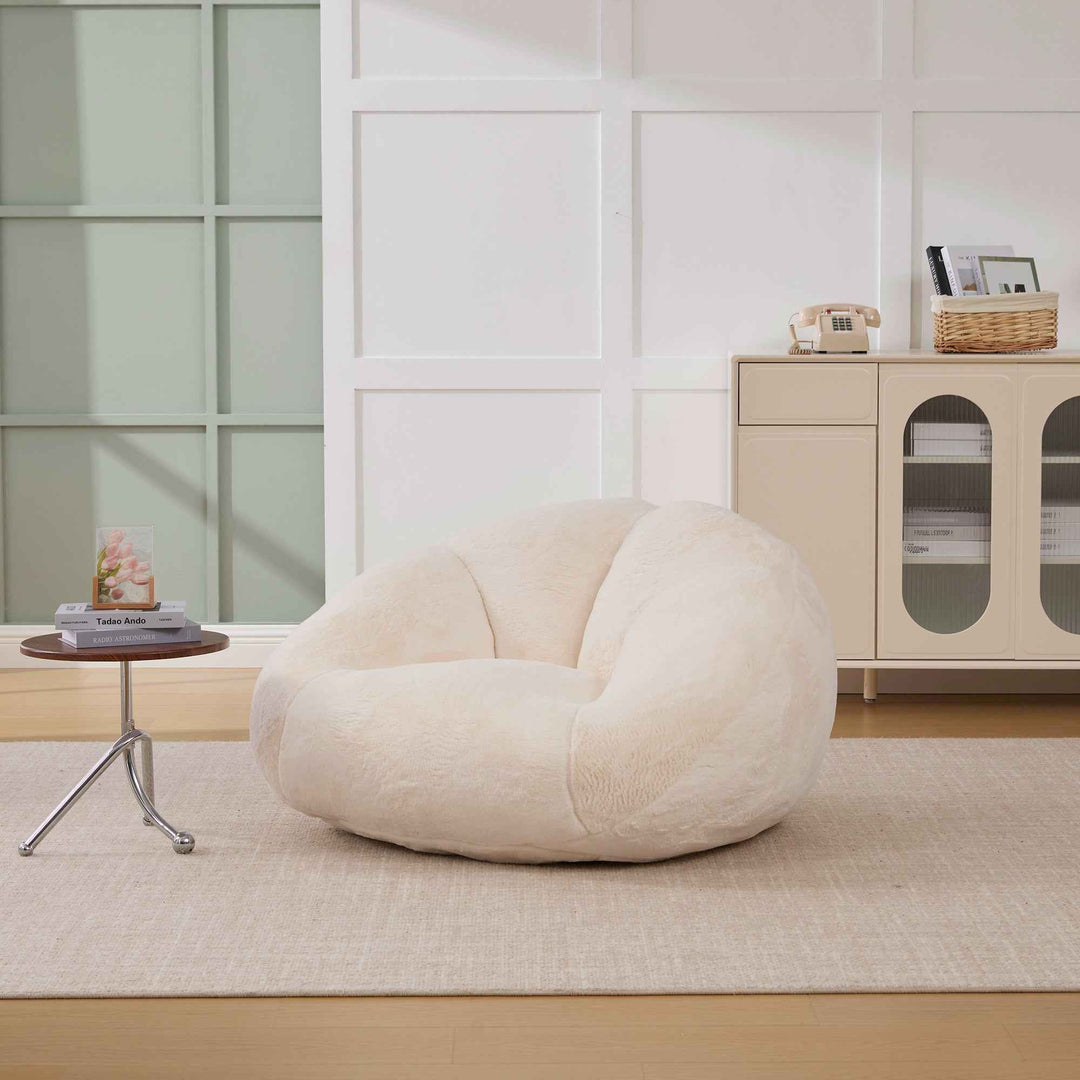 Lazy chair shell shaped sofa beige faux fur, memory foam bean bag chair removable cover