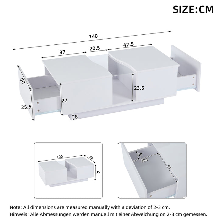 White high gloss lighting LED rectangular coffee table 2 drawers HELICTITE