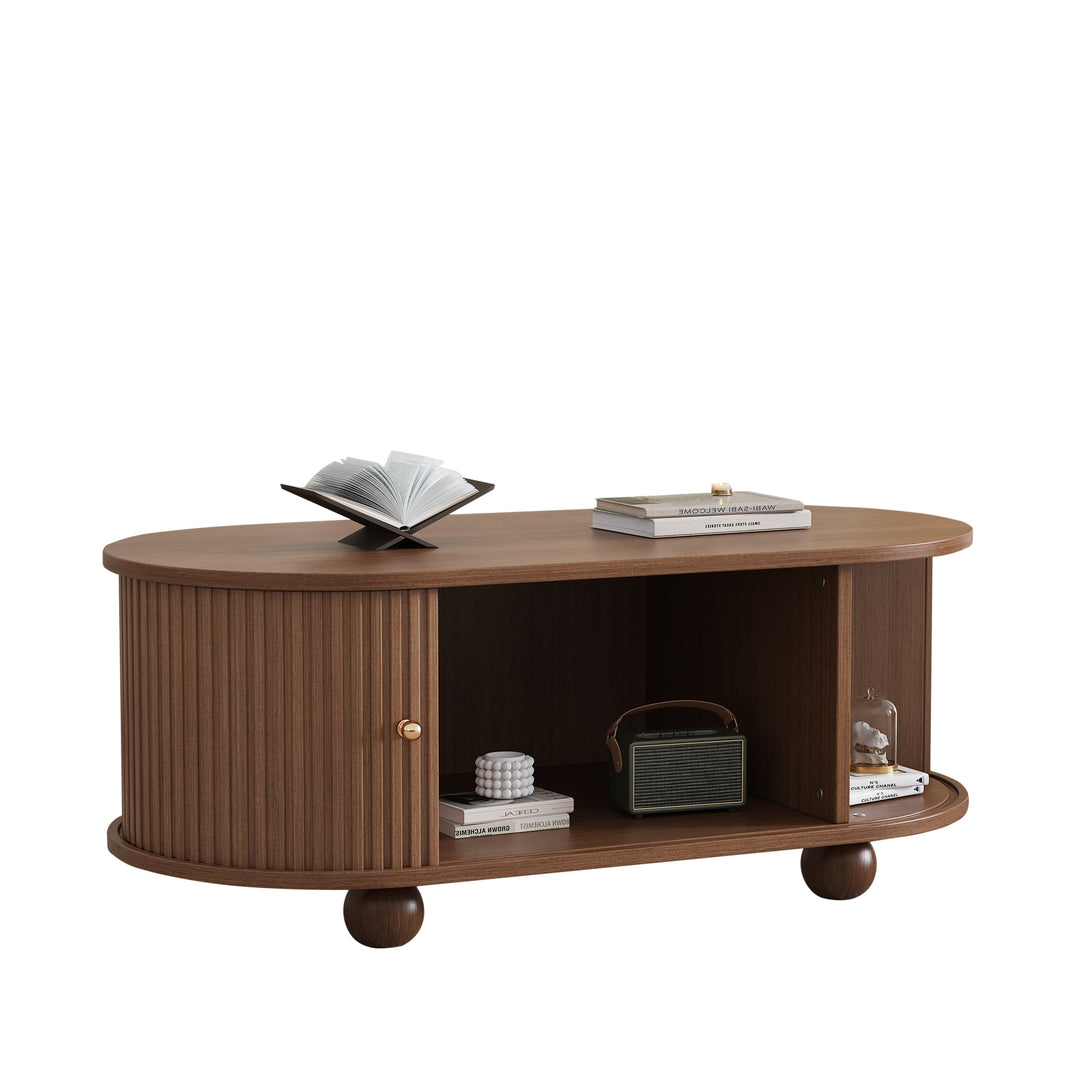 Retro wooden look oval coffee table with 2 sliding storage doors CUNEIFORMWEDGE