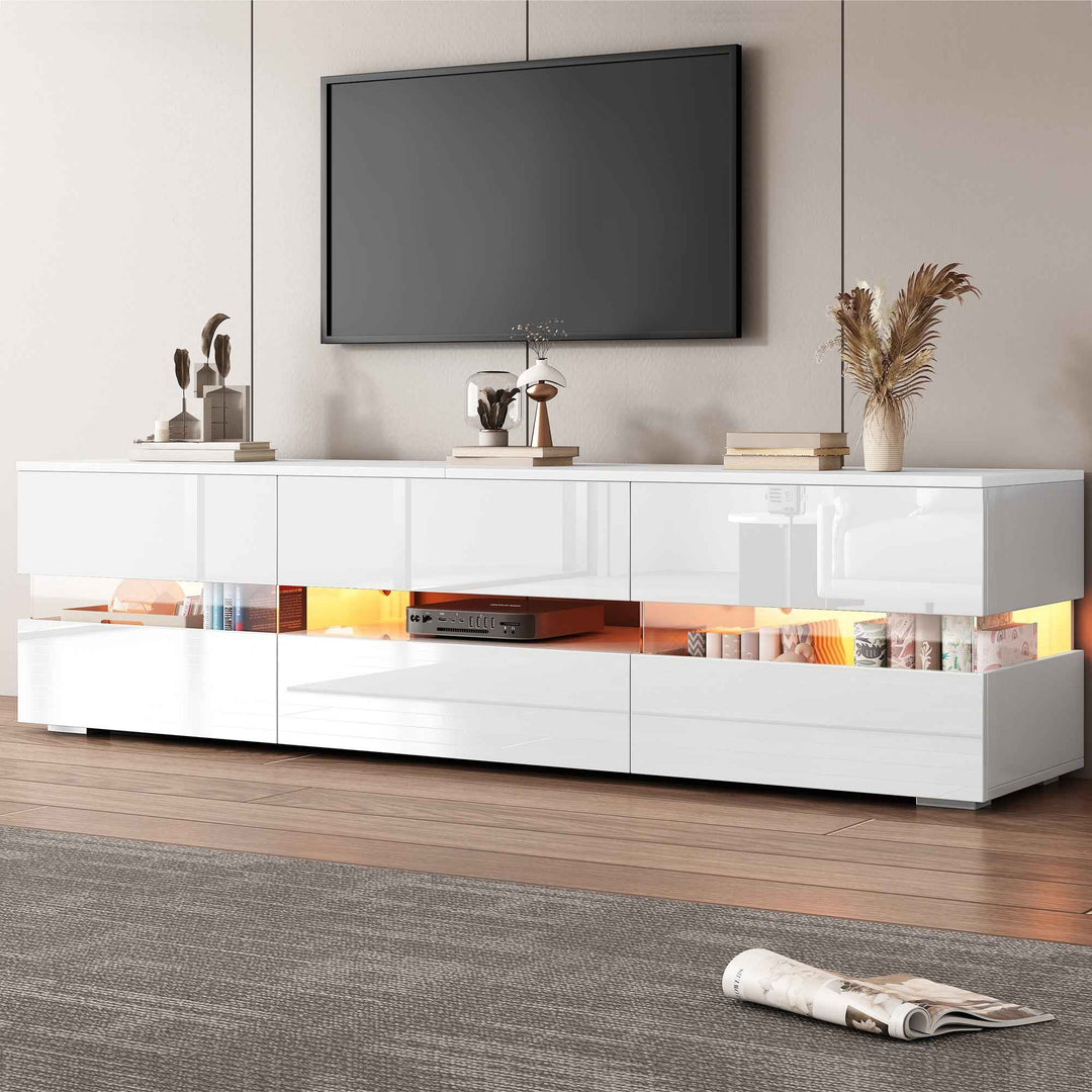 00+TV Stand Cabinet 160cm White High Gloss with APP-Controlled LED Lights, for 60-70 Inch TVs COMPACTRESINPRIME