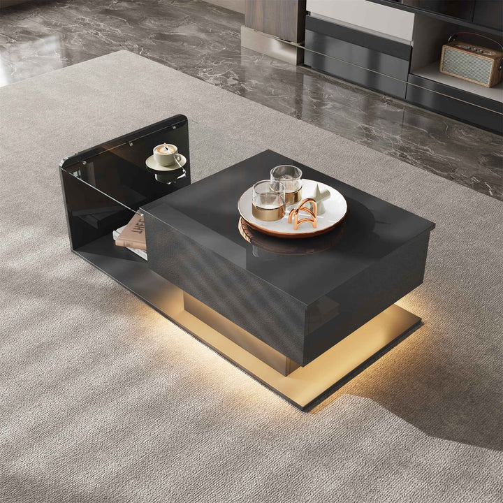 High gloss black coffee table with lift up top, LED lighting 100x50cm FLARERYLOTH