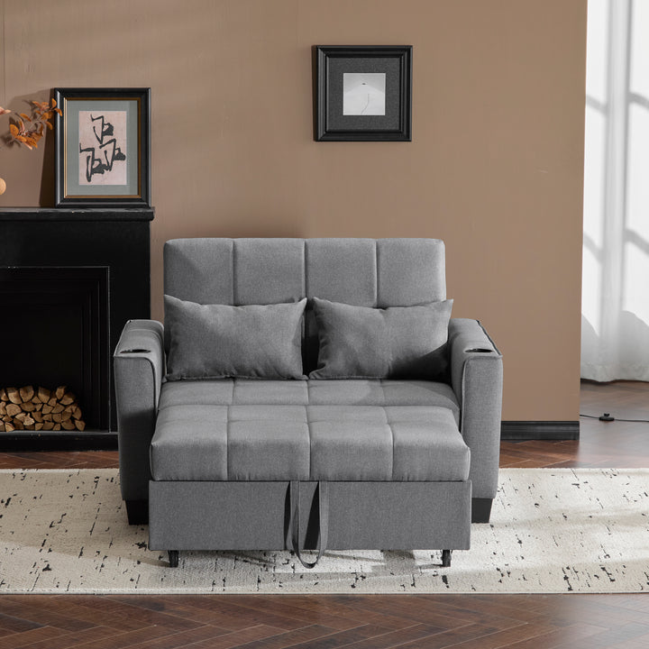 Gray fabric convertible 2-seater sofa bed pull-out design, adjustable backrest, and storage FROSTSTONE