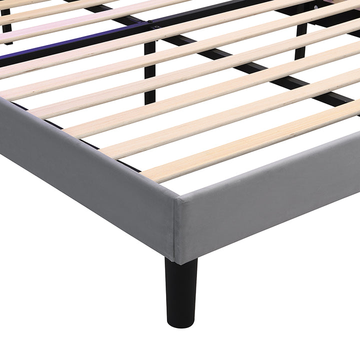 Upholstered velvet grey double bed with storage headboard, LED lighting and charging ports 135x190cm FIRNSNOW UK