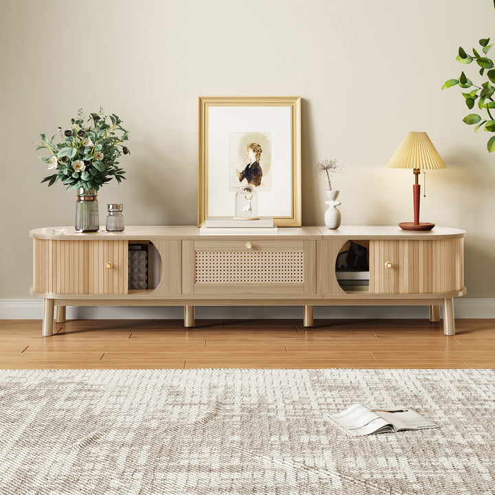 Nordic oak oval TV stand with rattan inlay and slatted tambour sliding doors BLISSA