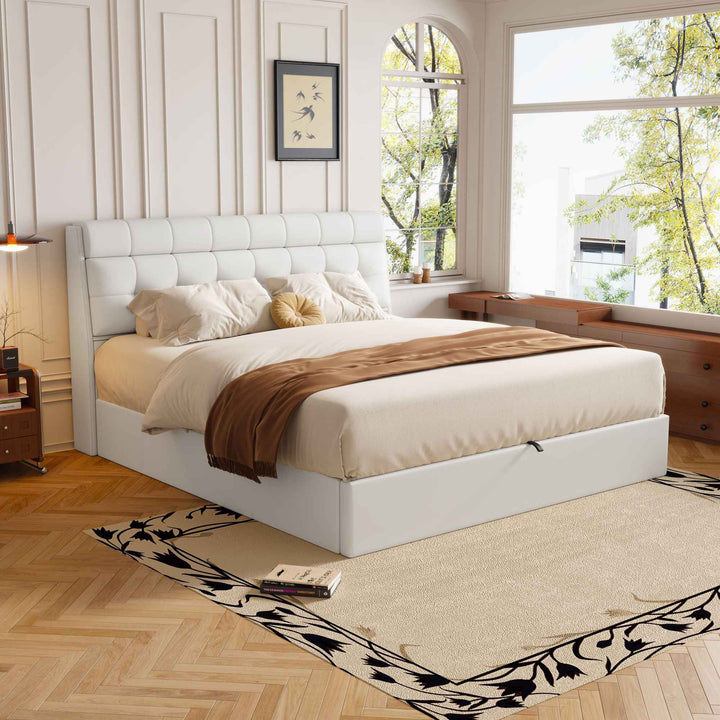 King size upholstered ottoman bed PU cream white, headboard storage 150x200cm