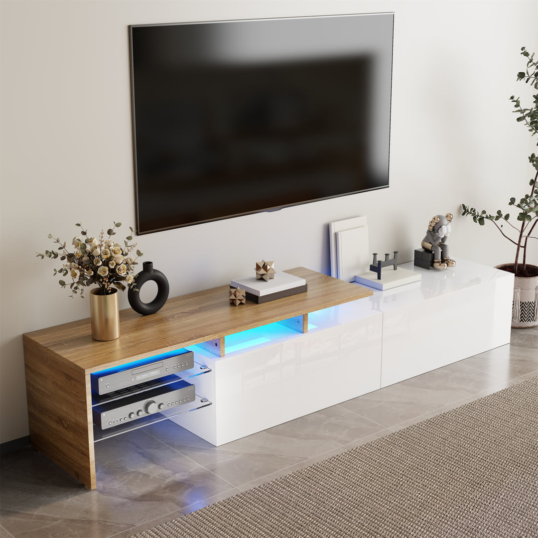 White hihg-gloss TV cabinet storage space, wood look, glass shelves, LED lighting MOLD